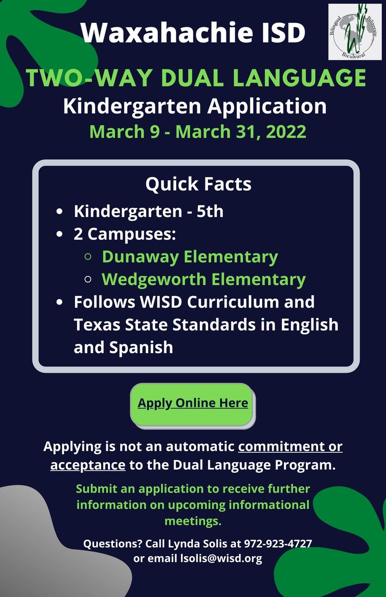WaxahachieISD's tweet photo. Interested in getting your next kindergarten student started in the Two-Way Dual Language program? @WaxDualLanguage

Access the Kindergarten Two-Way Dual Language Application: https://t.co/cvccQbnv0e https://t.co/e6rCiuSMxG