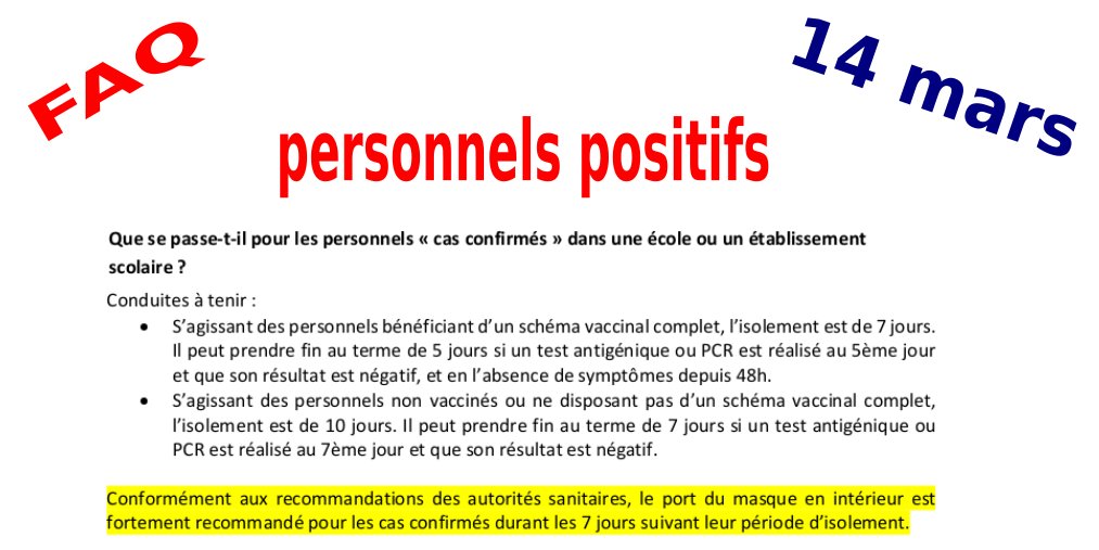 loicbreilloux's tweet photo. Les personnels vaccinés positifs s'isolent 7j et peuvent revenir au bout de 5j si leur test (AG ou PCR) est négatif.
Pour les personnels non totalement vaccinés, l'isolement est de 10 jours et peut être réduit à 7 jours avec un test (AG ou PCR) négatif.
#ProtocoleEN ⬇️ 14/23 https://t.co/tVt172h9Zq