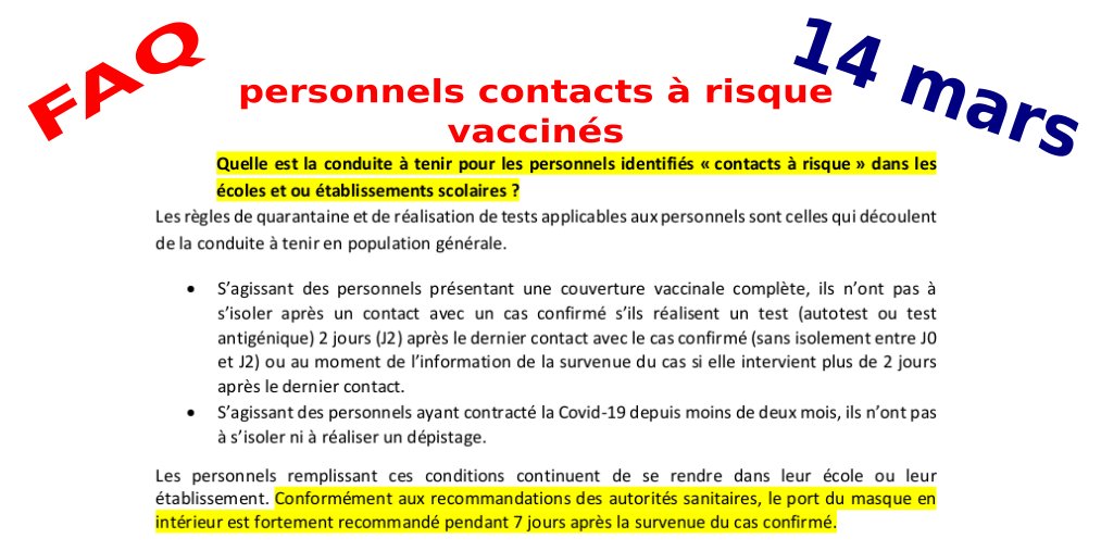 loicbreilloux's tweet photo. Les personnels vaccinés contacts à risque doivent s'autotester à J2 (sauf s'ils ont contracté la Covid-19 depuis moins de 2 mois). Il est alors fortement recommandé de porter le masque pendant 7 jours.
#ProtocoleEN ⬇️ 12/23 https://t.co/2pLCgUJ5of