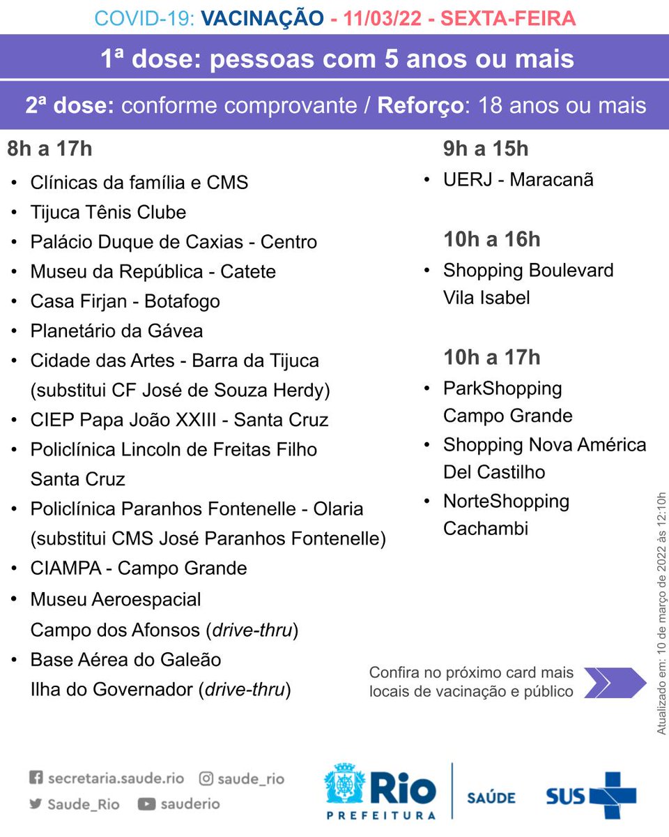 Saude_Rio's tweet photo. Atenção aos locais e horários da vacinação contra covid-19 e dos centros de atendimento a pacientes com sintomas gripais nesta sexta, 11 de março.

💉 Todas as pessoas com 5 anos ou mais podem receber a primeira dose.

#RioPelaPrevenção #SóVem @Prefeitura_Rio https://t.co/NRqNRPb41H