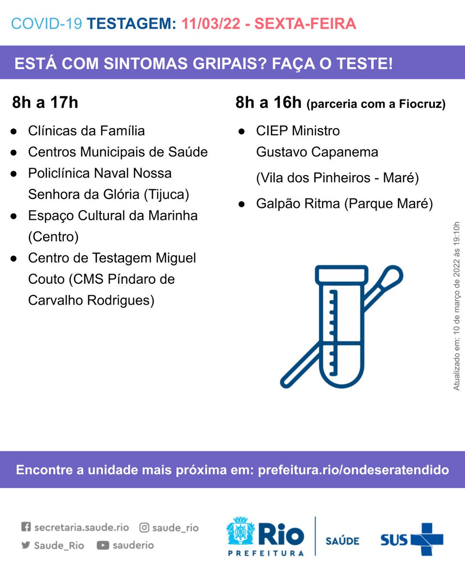 Saude_Rio's tweet photo. Atenção aos locais e horários da vacinação contra covid-19 e dos centros de atendimento a pacientes com sintomas gripais nesta sexta, 11 de março.

💉 Todas as pessoas com 5 anos ou mais podem receber a primeira dose.

#RioPelaPrevenção #SóVem @Prefeitura_Rio https://t.co/NRqNRPb41H