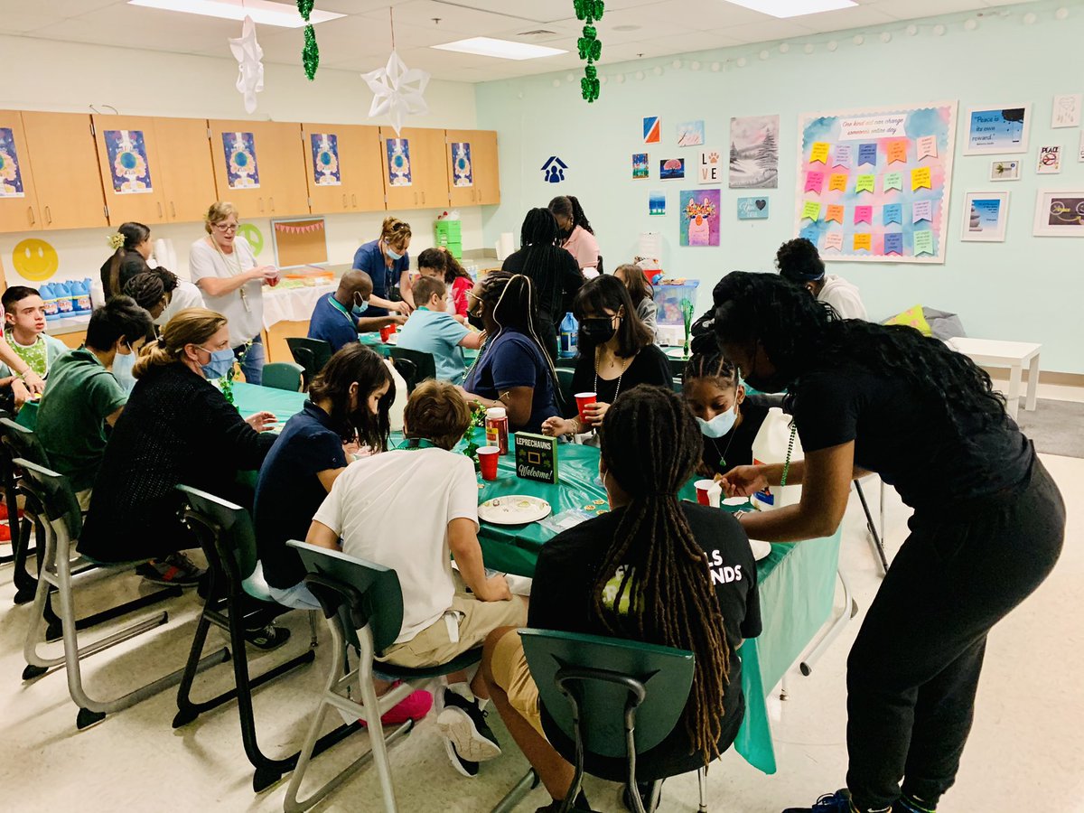 gms_pc's tweet photo. We are so LUCKY 🍀 to have our Peer Buddy Program! Today, our Peer Counselors worked with the SVE students. They made pot of gold slime, ate cookies, &amp; played St Patrick’s Day Bingo! #CreateACulture #KindnessMatters #FutureLeaders #BeTheChange @Glades_MS https://t.co/NQaUYoPYoi