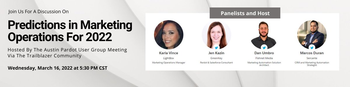 Join the Austin Pardot User Group for a great panel discussion with <a href="/DanUmbro/">Dan Umbro</a>, <a href="/jenkazin/">Jen Kazin</a>, and <a href="/VinceKarla/">Karla Vince</a> moderated by <a href="/iammarcosduran/">Marcos Duran</a>. Discussion about professional development, MOPS, and Pardot.

#pardot #trailblazercommunity #marketing champions
ow.ly/KE7a50IgyjR