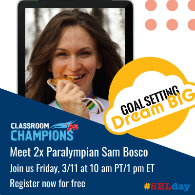 darri_stephens's tweet photo. Hey #Teacher friends! Register for free to join #ClassroomChampions and students from around the world tomorrow, on FRI, March 11th, to chat with 2x Paralympic Bronze Medalist Sam Bosco as she discusses goal setting as part of #SELDay: https://t.co/zC8TXsUOCl https://t.co/OeqRKRDfEC