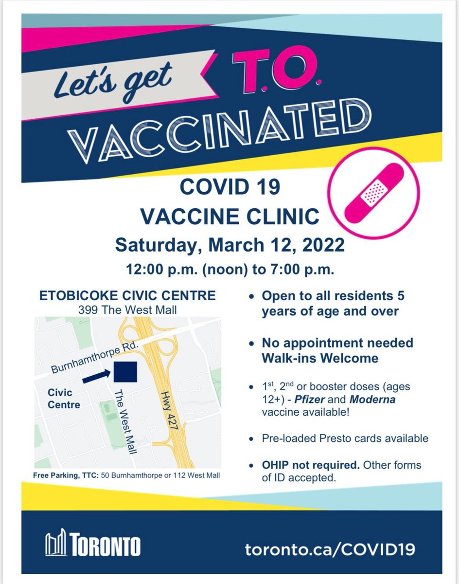 [ON] ETOBICOKE Vaccine clinic this Saturday for ages 5+! Etobicoke Civic Centre, 399 West Mall, M9C 2Y2 12pm-7pm Pre-loaded Presto cards available! For transportation help: 647-277-3938 or info@southetobicokecluster.net #VHCDose3 #VHCjr #COVID19ON #vhcON