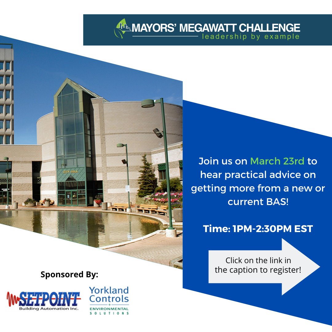 ClimateCNet's tweet image. Join Mayors Megawatt Challenge on March 23rd to hear practical advice on getting more from a new or current BAS, focused on municipalities. You will leave knowing  what to ask for in your Request for Proposal

Time: 1:00PM-2:30PM

Click here to register: lnkd.in/gXbWcrWv