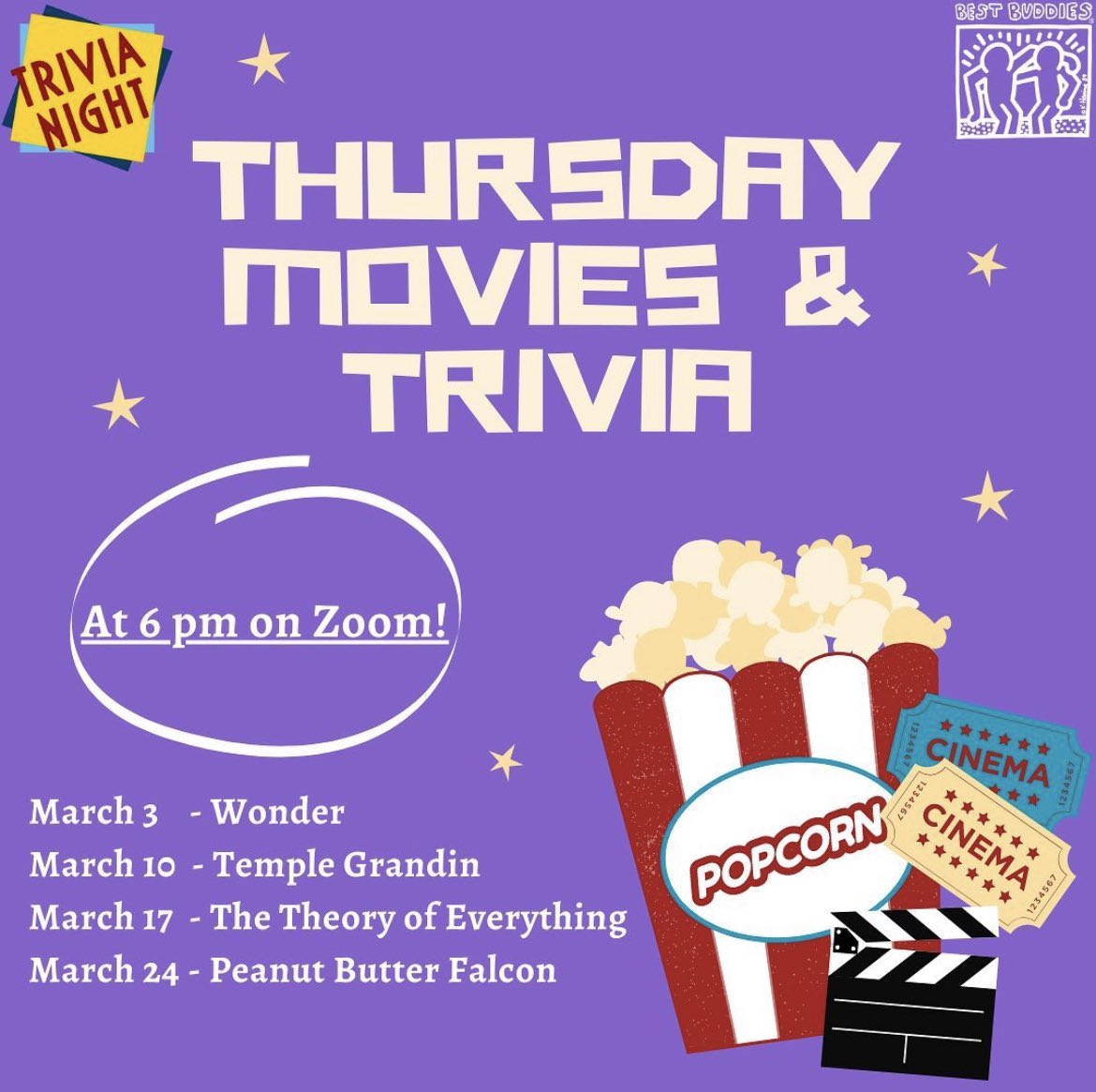 This month, we are putting a twist to our Thursday movie nights! For the month of March, we will be watching movies featuring friendship and individuals with disabilities. Also, we will play a friendly trivia competition after each movie! See you there!