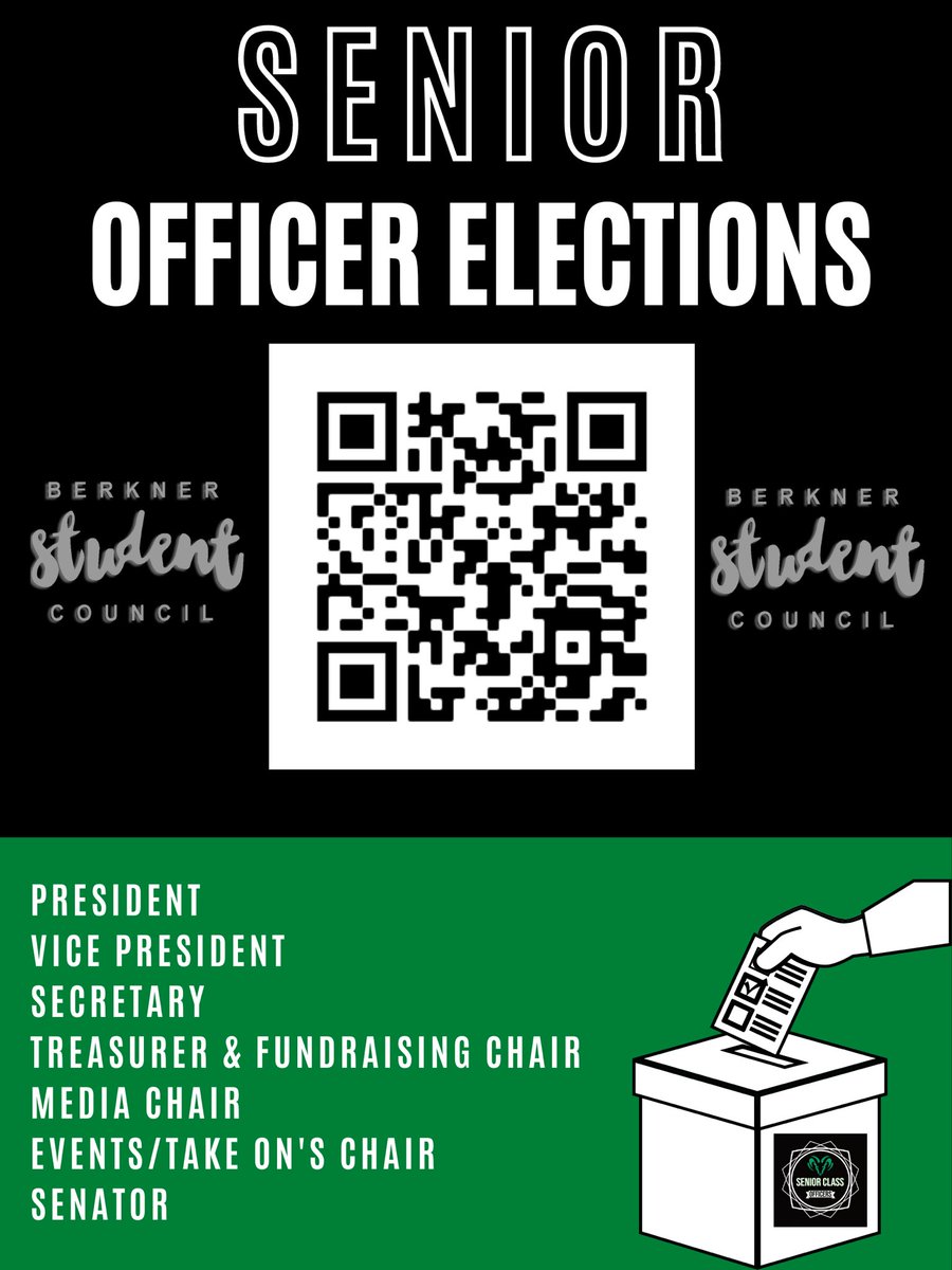 berkner_stuco's tweet photo. The Senior Class Officer applications are now open for all current juniors!
Scan the QR code to gain access to the Google Form.
#BerknerStudentCouncil #Seniorclass #Classofficers https://t.co/O7JigLJdDZ