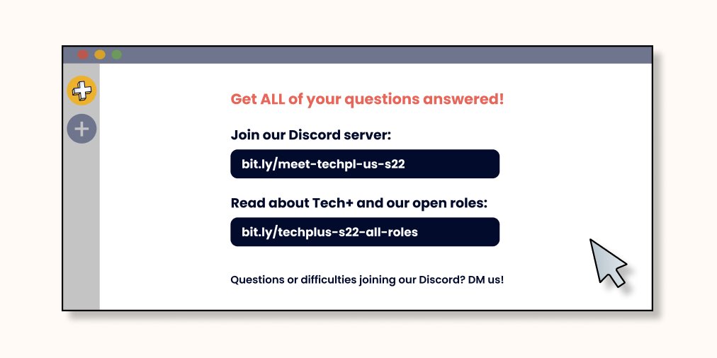 techplusuw's tweet image. Meet Tech Pl-US is an opportunity to get your questions about Tech+ or joining our team answered! 💭

🗓 Event Date: Monday, March 14th, 8:00-9:30 PM ET
👉 The event will be drop-in on Discord: bit.ly/meet-techpl-us…
🔍 Learn more our open roles: bit.ly/techplus-s22-a…