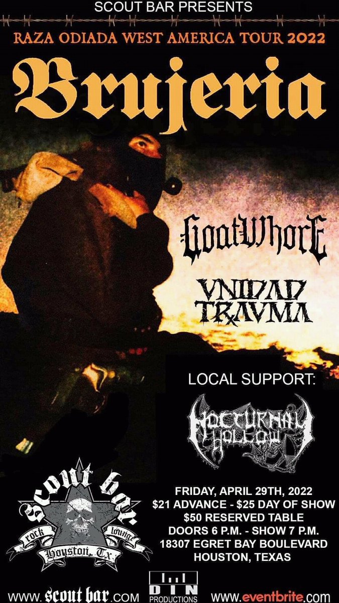 #EventosInternacional

La banda Venezolana <a href="/NocturnalHollow/">Nocturnal Hollow</a>  le abrirán show a la agrupación Mexicana <a href="/brujeria/">Brujeria</a> 

Mas:
<a href="/Goatwhore_NOLA/">Goatwhore</a> 
#unidadtrauma

<a href="/scoutbarhouston/">Scout Bar Houston</a> 
Houston / Texas
 29 de Abril 2022.