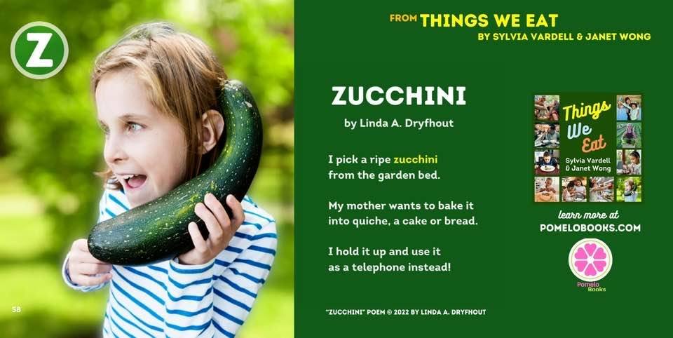 poetweet4's tweet photo. Kudos to #poetry pal Linda Dryfhout! Her yummy #poem "Zucchini" is published in the mouthwatering A-Z #anthology THINGS WE EAT. 100% of profits will be donated to IBBY Children in Crisis Fund. Order today! 👉https://t.co/6WG9W4nm9z #kidlit #ChildrensBooks #poetrytwitter #Foodies https://t.co/QyruTpMXqe