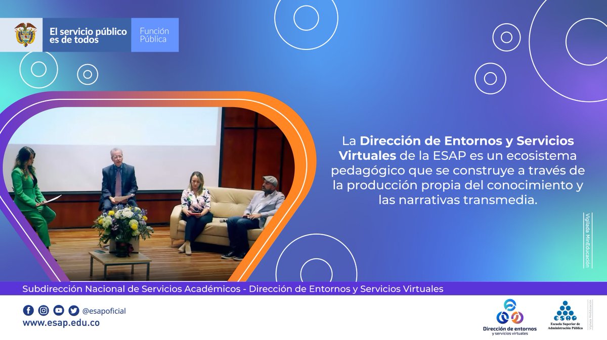 ESAPOficial's tweet photo. La Dirección de Entornos y Servicios Virtuales presentó el evento: "Educación virtual en la ESAP, oportunidad e inclusión", en el que compartió su modelo de acompañamiento pedagógico y tecnológico y su propósito de la fusión con la revolución 4.0 ➡️ https://t.co/hCundqAfFd https://t.co/Xh5HgcQ1Jf