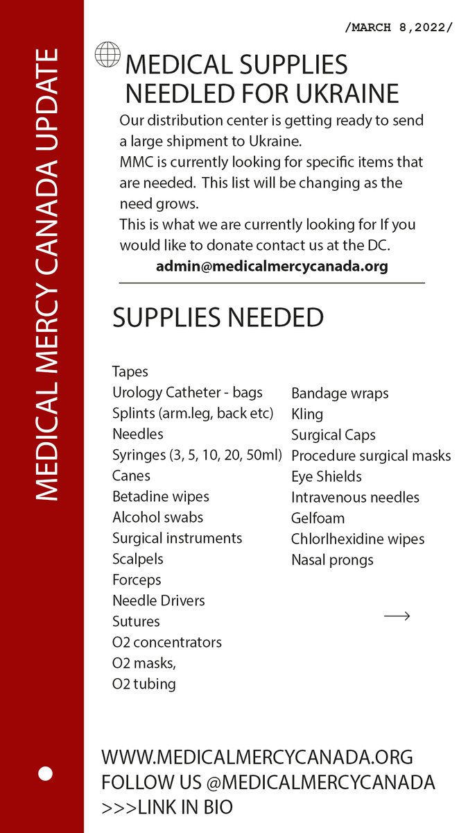 MedicalMercyCan's tweet photo. Our DC is urgently taking donations of medical supplies for Ukraine. See our list of what is needed. Contact @medicalmercycanada admin@medicalmercycanada.org for more information #helpukrainenow https://t.co/lwmNJhAqHr
