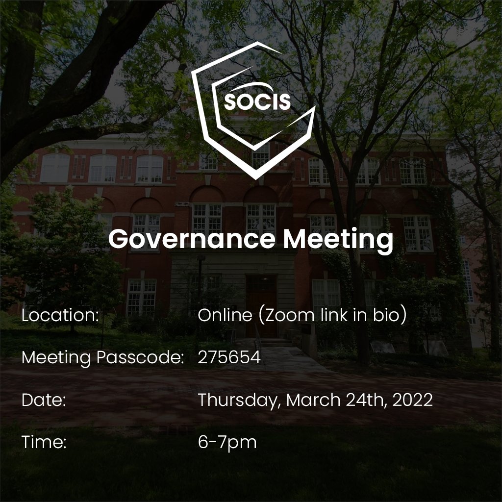 uogsocis's tweet photo. Our Governance meeting will be held on Thursday, March 24th, from 6 to 7pm. In this meeting we will be discussing the procedure for the upcoming election as well as voting for pending changes in the SOCIS constitution. 

Zoom link: https://t.co/rSHhP3DFhj
Passcode: 275654 https://t.co/0Y5mS2LG7R