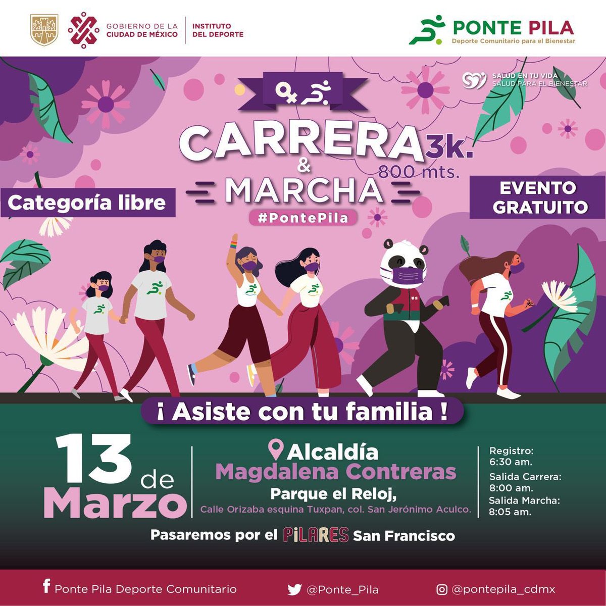 Ponte_Pila_'s tweet photo. ¿Tienes planes para este domingo familiar?
Ponte pila te invita a participar en nuestra Carrera 3k y Marcha 800 m 
En la colonia San Jerónimo Aculco de la Alcaldía Magdalena Contreras.  
¡Habrá actividades para toda la familia!
¡Regístrate!
https://t.co/JzqTE5Fej0
 #SaludEnTuVida https://t.co/qnrXLdTrbD