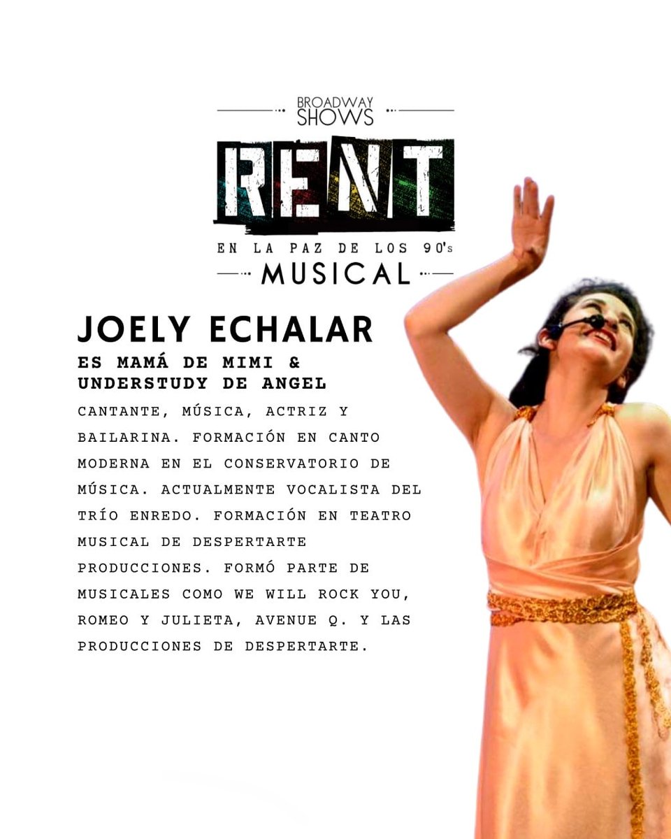 Broadwaybolivia's tweet photo. Joely Echalar estará a cargo de interpretar a la mamá de Mimi &amp; Understudy de Ángel en Rent: En La Paz de los 90's. 
ENTRADAS YA A LA VENTA
-21, 22, 23 y 24 de abril.
Cacique Siñani: Plaza del Estudiante esquina Batallón Colorados N 1604
WhatsApp:63063772
#teatrolapaz  #rent https://t.co/8drhc8IkPj