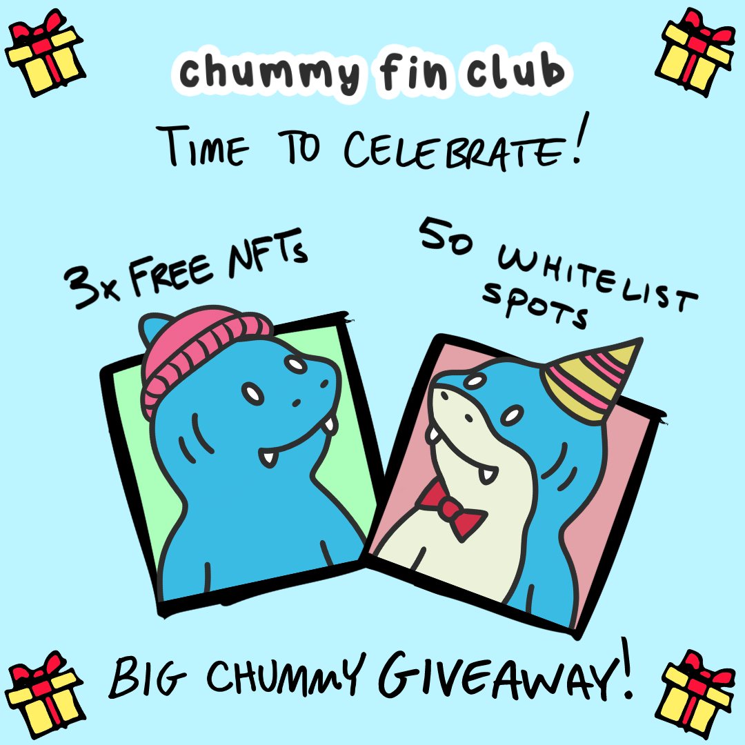 Chummy Fin Club (@finclubnft) on Twitter photo BIG CHUMMY GIVEAWAY!
In celebration of 20K Discord and 10K Instagram we're giving away:
👉 3X NFTs
👉 50X Whitelist spots
1⃣ Follow <a href="/finclubnft/">Chummy Fin Club</a> on Twitter
2⃣ Like this post
3⃣ Retweet and tag 3 friends!
Winners announced on March 12th!
#NFTGiveaway BIG CHUMMY GIVEAWAY!
In celebration of 20K Discord and 10K Instagram we're giving away:
👉 3X NFTs
👉 50X Whitelist spots
1⃣ Follow <a href="/finclubnft/">Chummy Fin Club</a> on Twitter
2⃣ Like this post
3⃣ Retweet and tag 3 friends!
Winners announced on March 12th!
#NFTGiveaway