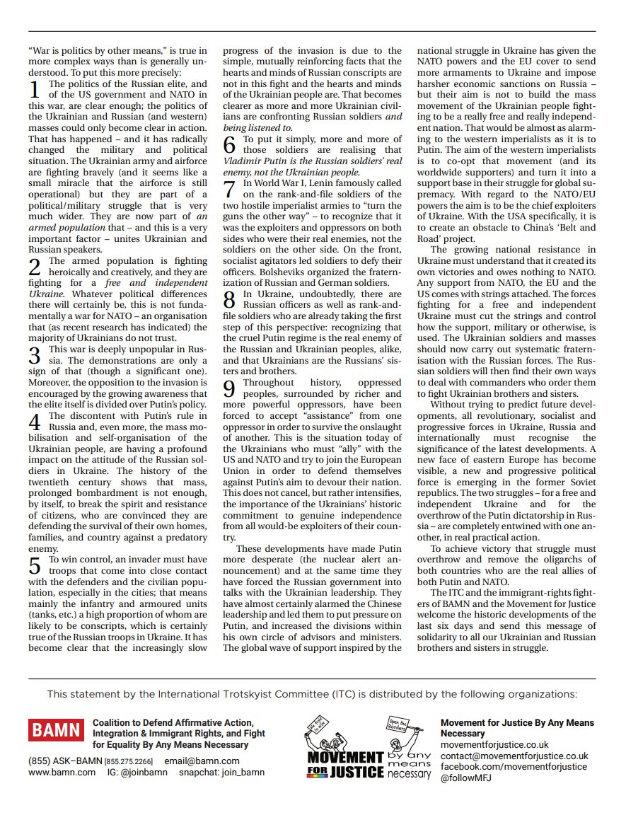 Full text at BAMN.com/Ukraine - Defend an Independent Ukraine! Ukrainians: the progressive workers and oppressed peoples of the world stand with you! Russian soldiers: Putin is your enemy, not the Ukrainian people! 
#Ukraine #DefendAnIndependentUkraine #BAMN #NoNATOWar