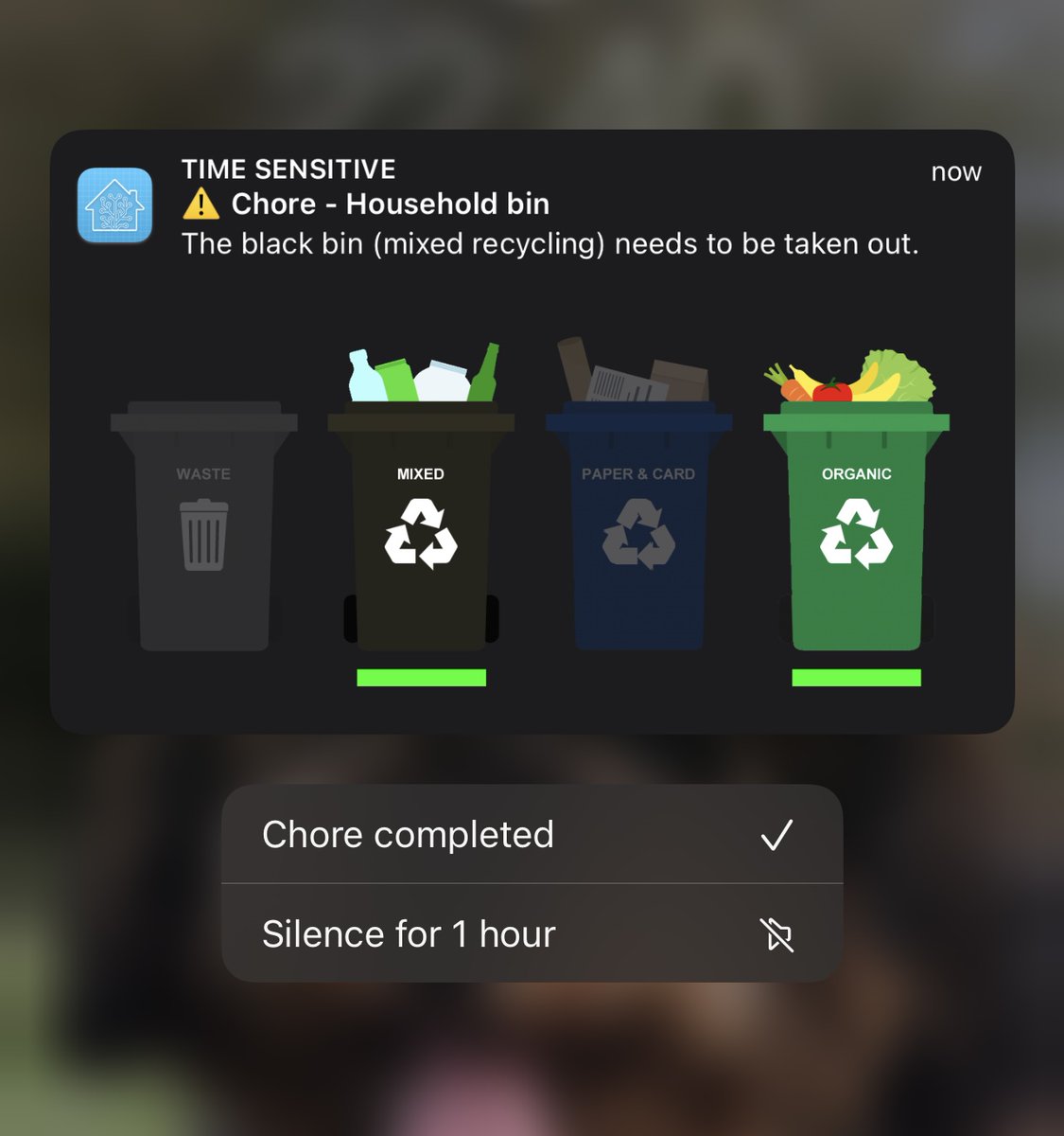 jamescallaghan's tweet photo. My @home_assistant chore reminders have never looked so good🤩

My pattern. Randomised time based nagging alert until done, rich actionable iOS notification combined with actionable HTML5 notification to #Windows11.

And yes the mixed recycling has been taken out tonight!!!💪🏼😂 https://t.co/zrSl6nbxuo