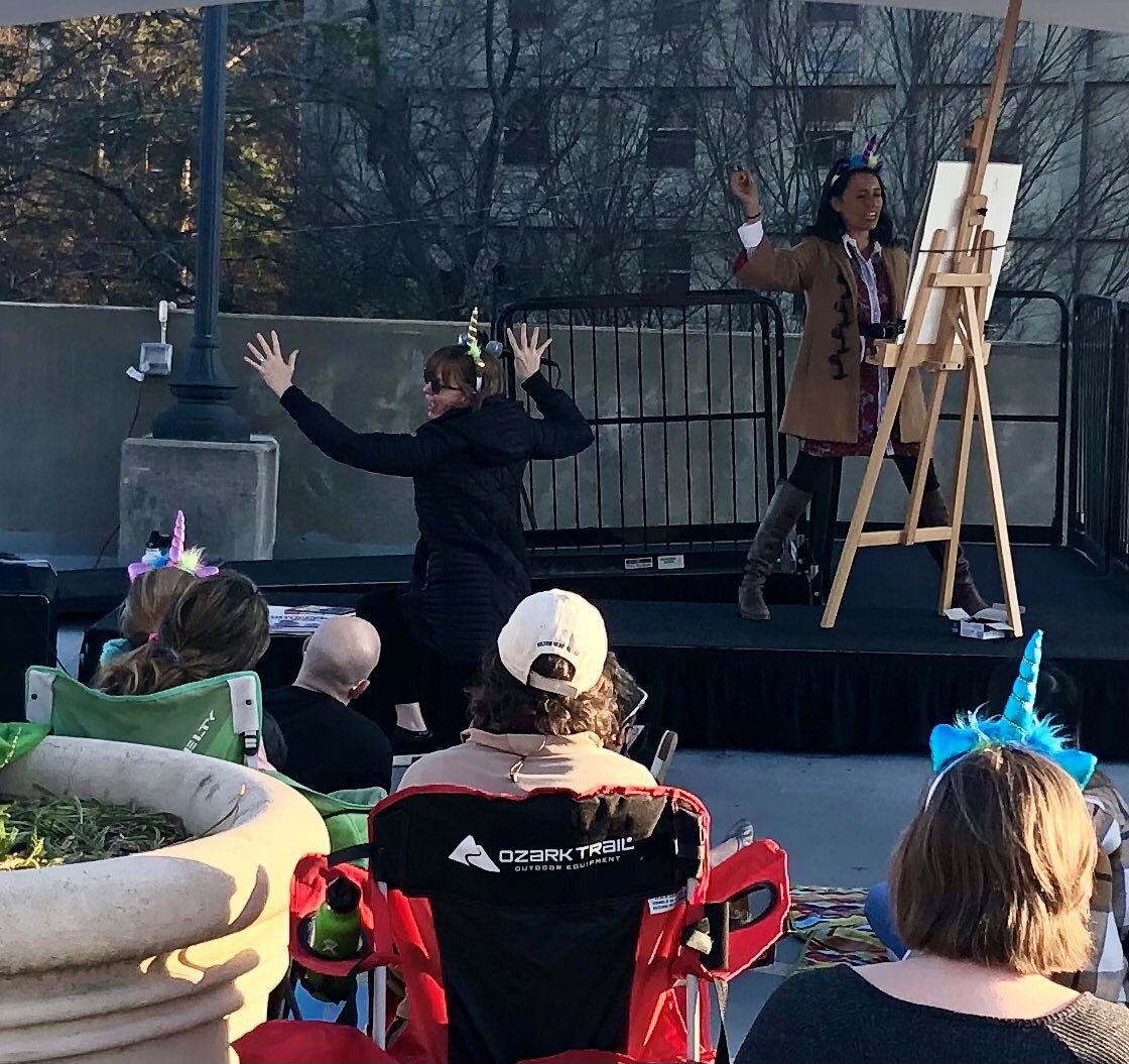 elizlenhard's tweet photo. ⁦In honor of their adorable new book, #PrettyPerfectKittyCorn ⁦@haleshannon⁩ tries to strike the PERFECT pose for illustrator/bestie #LeUyenPham at ⁦@dekalblibrary⁩. Nailed it! (The book, too.) ⁦@abramskids⁩ ⁦@lilshopostories⁩ https://t.co/wtsD1d9eFp