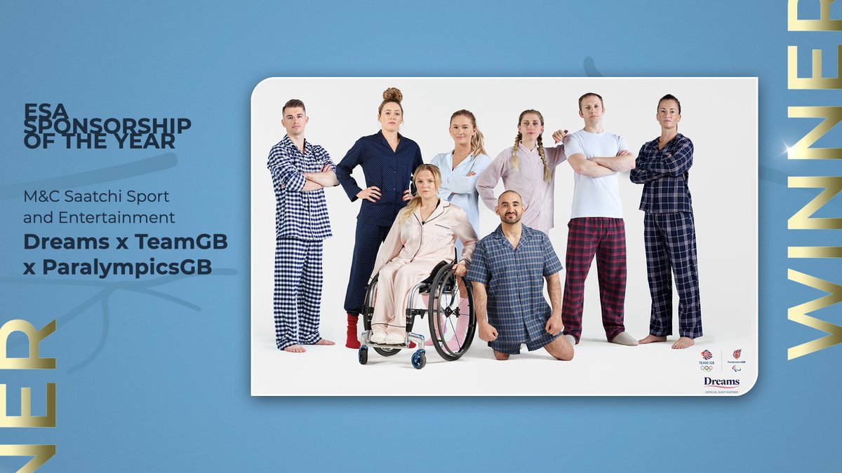 🏆 ESA Sponsorship of the Year – the winner is...
Dreams x TeamGB x ParalympicsGB  
Congratulations on your 3rd Award tonight!! 
@Dreams_Beds @TeamGB @ParalympicsGB @MCSaatchiSandE 👏
For more on the campaign 👉 bit.ly/35nlnGL

#ESAawards #OfficialSleepPartner