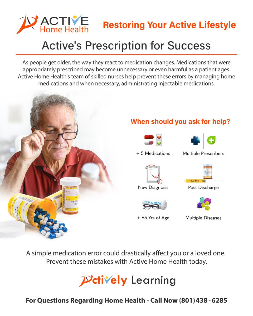 ACTIVEHHH's tweet photo. Age, among other things, affects how your body reacts to prescribed #medications. Knowing when to ask for help is crucial. Prevent medication errors with Active #homehealth. Give us a call today at 801-438-6285 and ask for a free consultation.
#activehhh https://t.co/UUNbm8mOe2