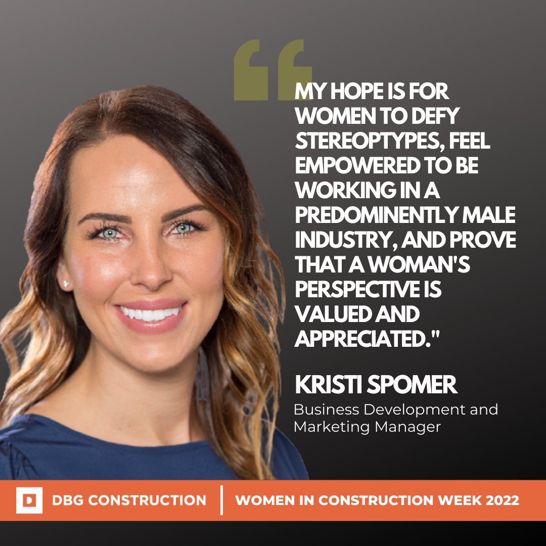 DBGConstruction's tweet photo. Our spotlight today is on our Business Development and Marketing Manager, Kristi Spomer. Kristi has been with DBG for one year and is responsible for generating new opportunities as well as overseeing all marketing initiatives. #wicweek2022 #womeninconstruction https://t.co/tcX7uWoRRB