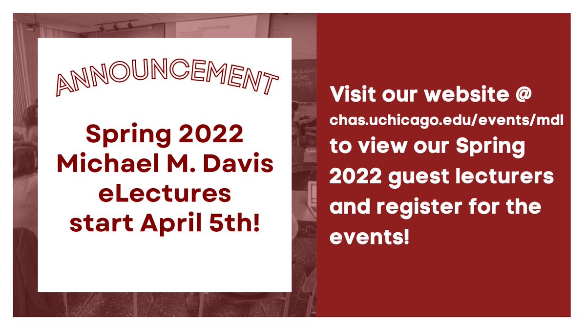 UChicagoCHAS's tweet photo. ๐๏ธ#DavisCHAS lectures are back April 5th on Zoom! View our Spring 2022 Davis Lecturers and register for the events here: https://t.co/tBL8E2zDFe
#MDL2022 #socialwork #healthpolicy #research https://t.co/WhpnD1T0l9
