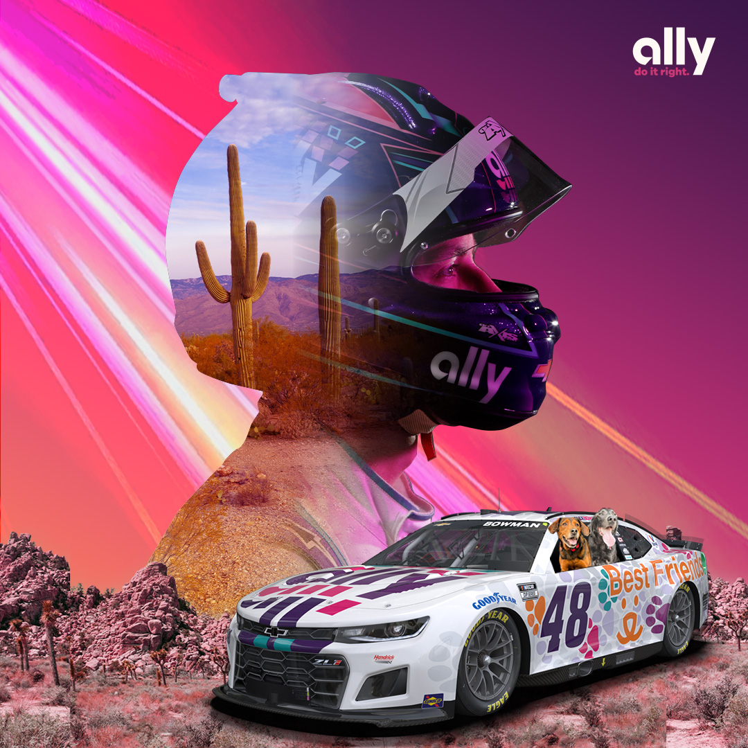allyracing's tweet photo. This team races for the checkers, #Ally48 fans, and @BestFriends.💜🧡 

Leave us a 🐾 if you're ready for the race at @phoenixraceway! https://t.co/GP6aOfgc4x