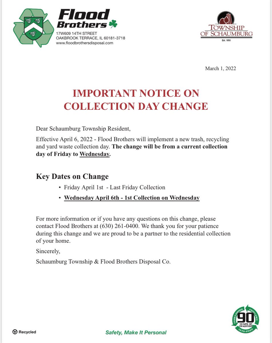 FloodBroChicago's tweet image. ☘️IMPORTANT SERVICE ANNOUNCEMENT FOR RESIDENTS OF @SchaumburgTwp ☘️ 

This April, your regular service day will shift from Fridays to Wednesdays each week. The first day of Wednesday service occurs on April 6th. Mailers arrive this week!

#FloodBrothersDisposal #servicechange