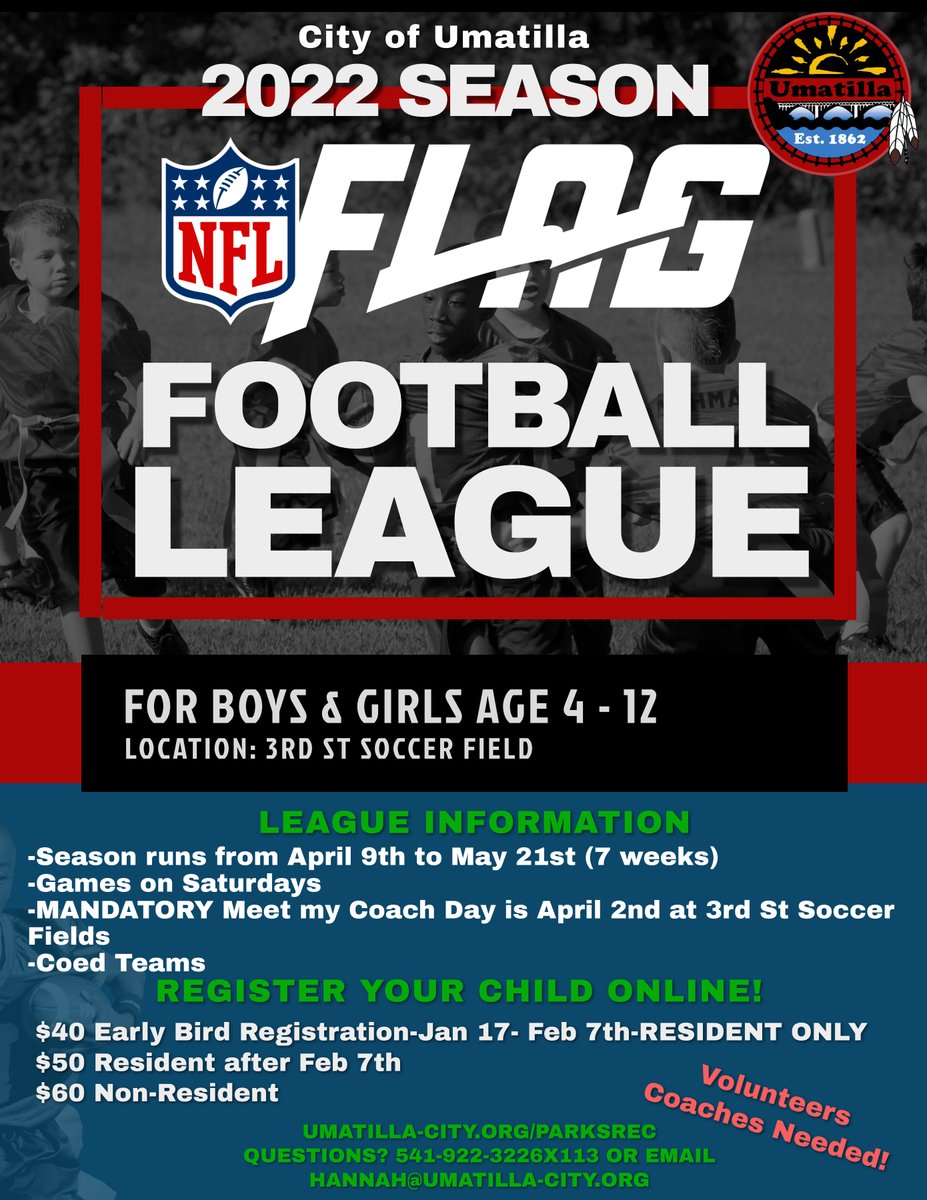 UmatillaOR's tweet photo. Tomorrow is the last day we will accept buddy requests for NFL Flag Football! You can still register after tomorrow but please be aware your child may not receive their jersey by game day April 9th. Register online here: https://t.co/48PtLVu3t5 https://t.co/C7GAjalrcg