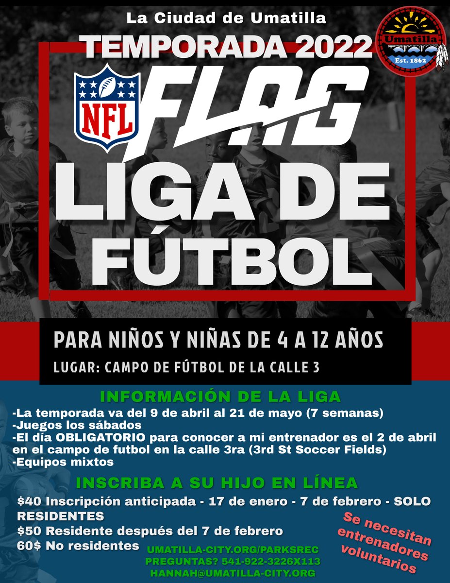 UmatillaOR's tweet photo. Tomorrow is the last day we will accept buddy requests for NFL Flag Football! You can still register after tomorrow but please be aware your child may not receive their jersey by game day April 9th. Register online here: https://t.co/48PtLVu3t5 https://t.co/C7GAjalrcg