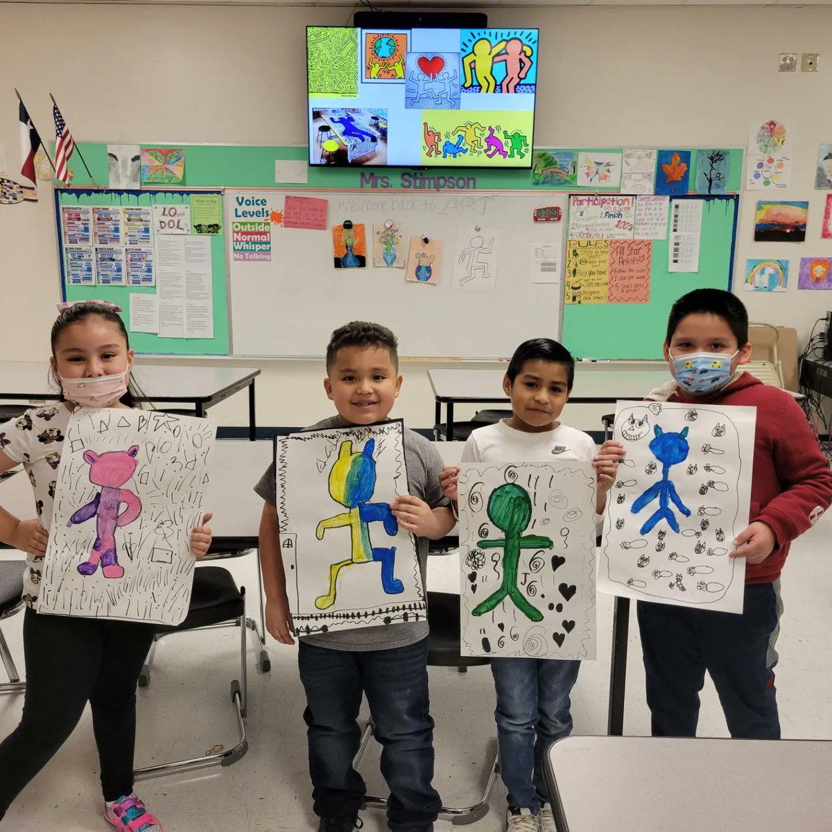 art_toler's tweet photo. Our Kinder and 1st graders learned about making movement with figures in these Keith Haring inspired artworks during our intersession week. @Toler_Texans #garlandisd #art https://t.co/4CV5VPr0Kc