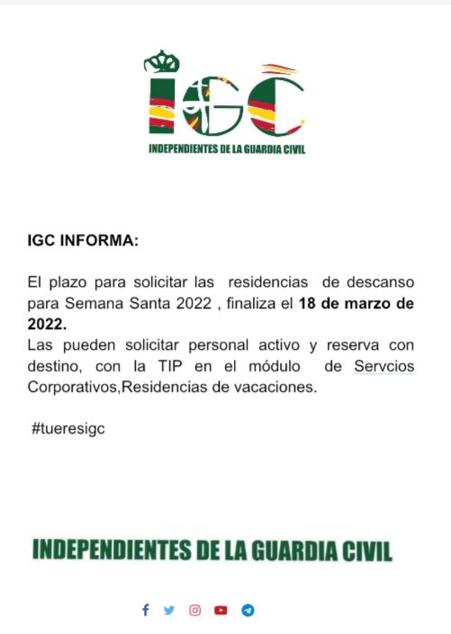 _IGC_'s tweet photo. #IGCInforma: ya se pueden solicitar las residencias de la #GuardiaCivil para #SemanaSanta2022. El plazo finaliza el 18 de marzo.
Las pueden solicitar @guardiacivil en activo y reserva con destino.
#TuEresIGC @_IGC_ https://t.co/mL2jl9ap4T