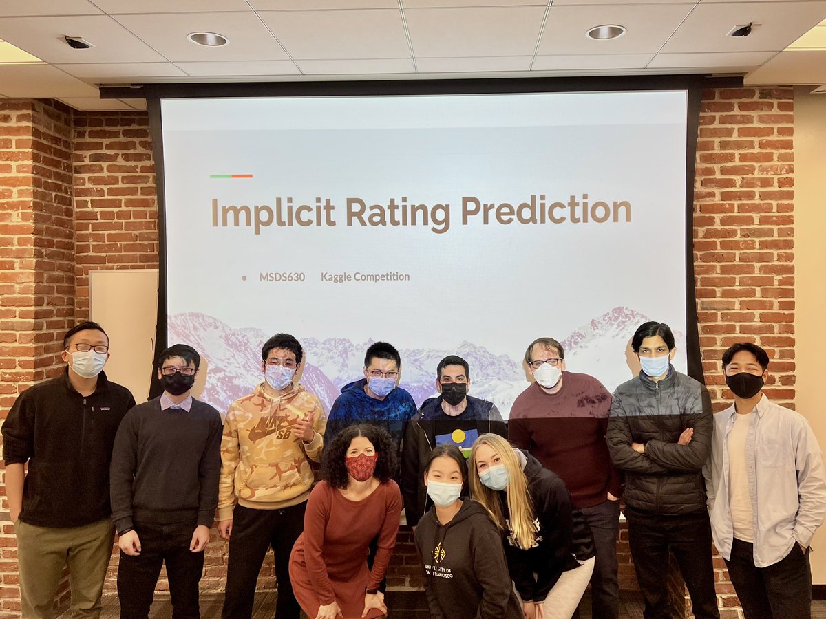 MS in Data Science, USF (@usfca_msds) on Twitter photo Congrats to the winning teams of our Advanced Machine Learning Kaggle competition!!🥳 Each team worked all module long to create the best predictions for implicit ratings. And a huge shoutout to our professor, <a href="/interian/">Yannet Interian</a> - thank you for all that you’ve taught us!❤️ Congrats to the winning teams of our Advanced Machine Learning Kaggle competition!!🥳 Each team worked all module long to create the best predictions for implicit ratings. And a huge shoutout to our professor, <a href="/interian/">Yannet Interian</a> - thank you for all that you’ve taught us!❤️