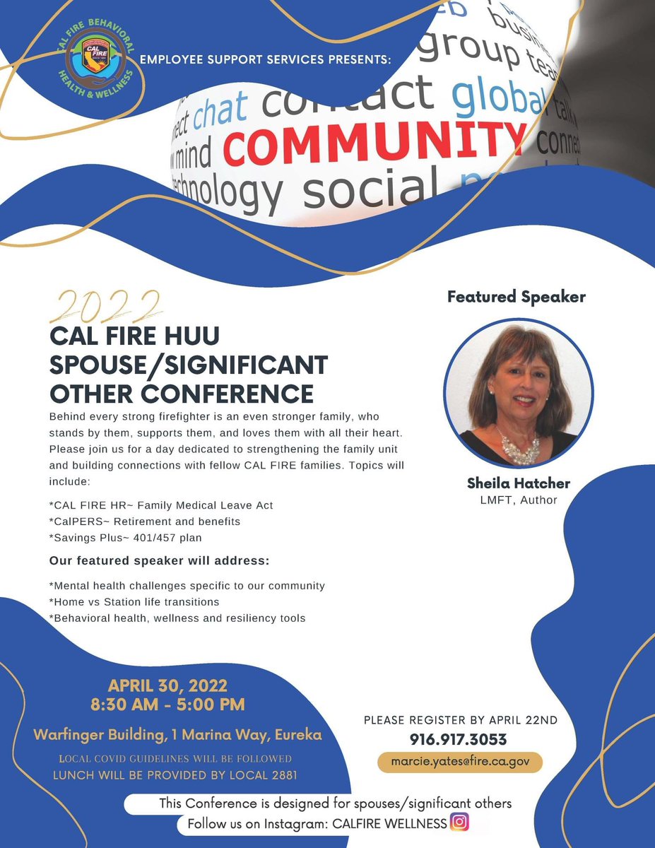 CALFIRE_HUU's tweet photo. CAL FIRE Spouse/Significant Other Conference coming to HUU!!
-Date: April 30th, 2022
-Time: 8:30 AM - 5:00 PM
-Location: Warfinger Building, 1 Marina Way, Eureka
PLEASE REGISTER BY APRIL 22ND
#CALFIREWIFE #CALFIRESPOUSE #CALFIRESTRONG #CALFIREHUU https://t.co/sKUrLG4x0W