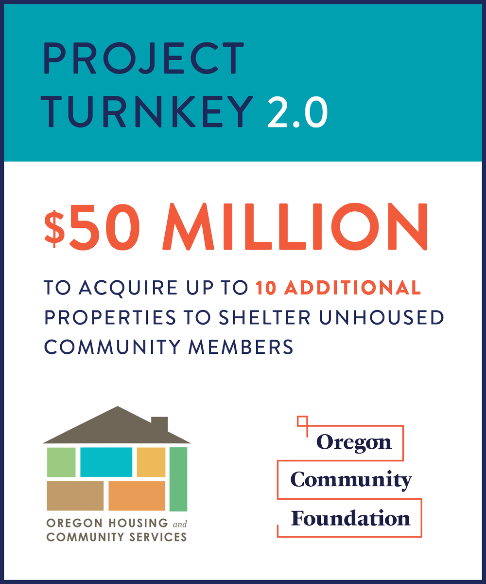 TheOregonCF's tweet image. Oregon Community Foundation and Oregon Housing and Community Services poised to launch #ProjectTurnkey 2.0 with $50M in state funding. The funding will help stand up approximately 10 additional emergency shelters in Oregon. oregoncf.org/assets/PDFs-an…