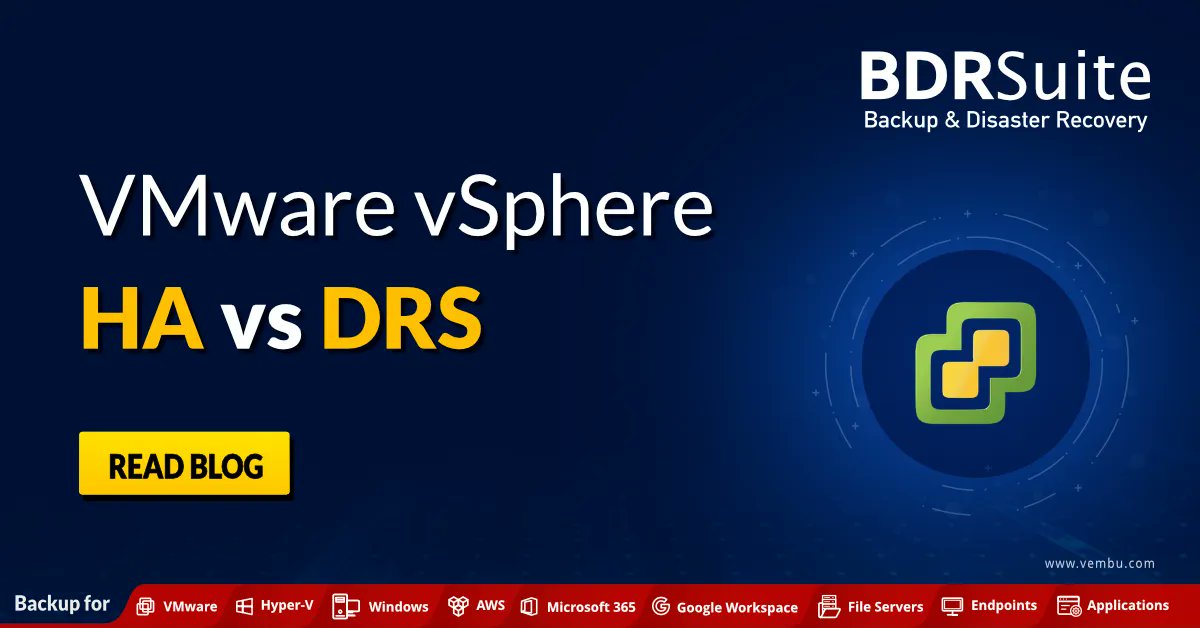 vembutech's tweet photo. Everything you need to know about #VMware #vSphere HA & DRS is here. Read this article to learn how they compare and the advantages of using them. https://t.co/2Jsd1hS0JU
#VMwarevsphere #VMwareHA #VMwareDRS https://t.co/YnpA5N34ww