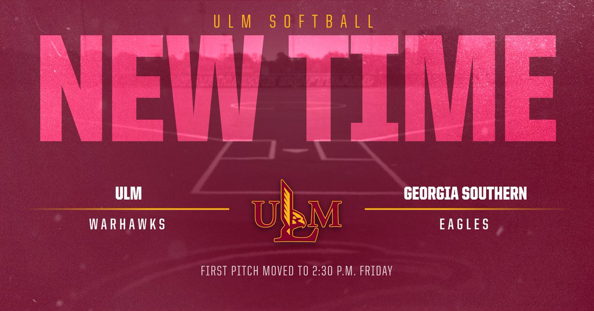 ULM_Softball's tweet photo. Friday's game vs. Georgia Southern at the ULM Softball Complex has been moved to a 2:30 p.m. first pitch due to potential weather impacts in the evening.

#TheBestIsOnTheBayou 
#SHIP 
#HawkYeah 
#GSvsULM https://t.co/WcpXDaIe00