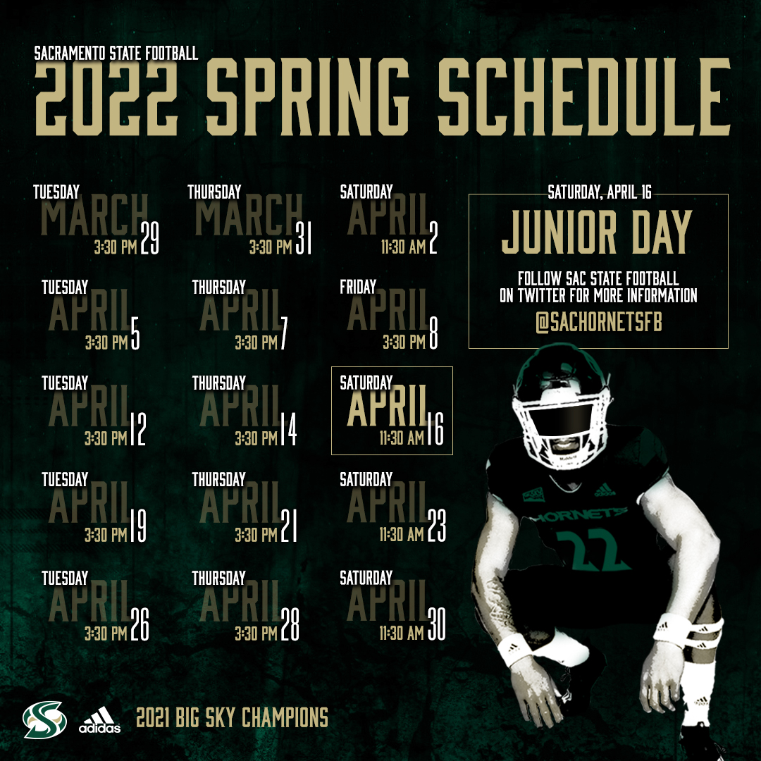 SacHornetsFB's tweet image. #Back2Back Big Sky Champions Sac State Football is announcing our 2022 Spring Schedule.👇🏽

For any interested high school JUNIORS, we will hold our Junior Day
📅: Saturday, April 1⃣6⃣
🏟️: Hornet 🐝 Stadium
Registration 🔗: bit.ly/3ITJvzK