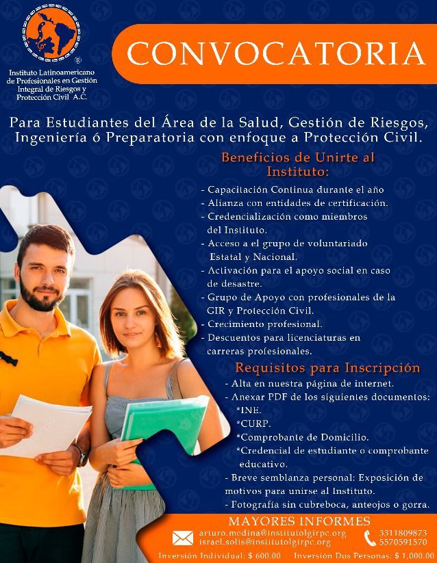 institutolgirpc's tweet photo. Convocatoria Estudiantes del Área de la Salud, Gestión de Riesgos, Ingenieria ó Preparatoria con enfoque a Protección Civil, esta es una cordial invitación para unirse y aumentar sus competencias en material del Gestión Integral de Riesgos de Desastres y Protección Civil. #Unete https://t.co/A8ndAQFUNv