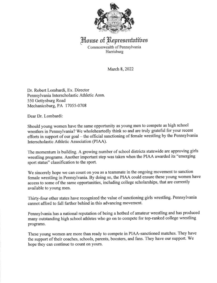 Thank you to the PA State Senate and House of Representatives for their support of girls wrestling. 74 Representatives and Senators including <a href="/SenatorMartinPA/">Senator Scott Martin</a> and <a href="/RepAnnFlood/">Rep. Ann Flood</a> sponsored this letter asking Dr. Lombardi and the PIAA to sponsor girls wrestling. Time to #SanctionPA