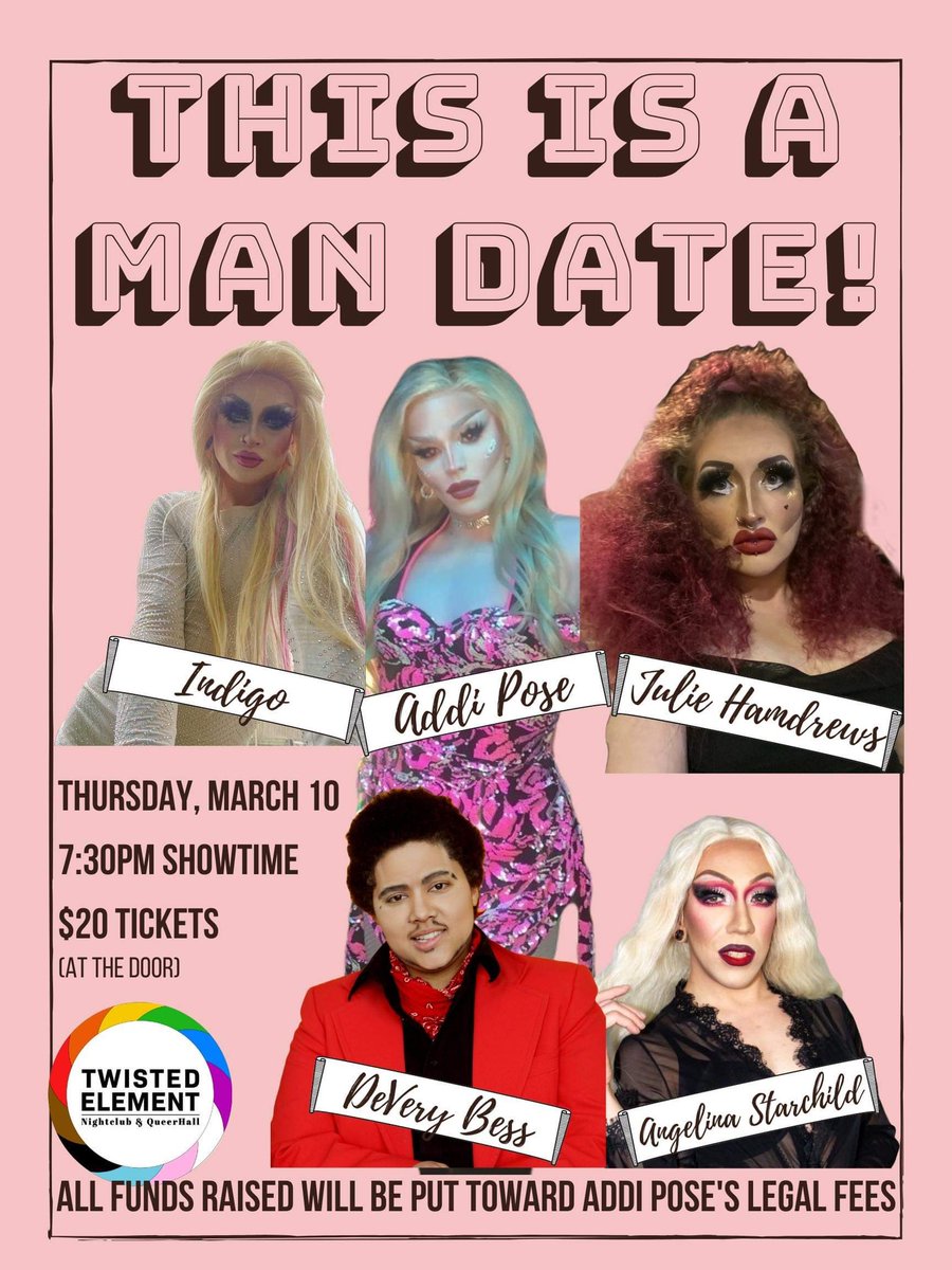 TwistedElement's tweet photo. Calgary drag is 🔥 ✊
Tonight at 7:30 - this is a man date!
Admission is $20, with all proceeds going to @PoseAddi’s legal fees.
No cover charge after the show.
#yycDrag #CalgaryDrag @JanisIrwin https://t.co/cHMM6PGGkv