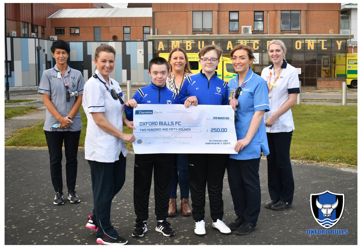 BullsOxford's tweet photo. A big thank you to @GinaHooper10 and everyone at Altnagelvin E.D. who raised £250.00 for our club by hosting a bake-off among E.D. Staff !!! Thanks so much everyone - your donation is very much appreciated!! Looks like our players Adam &amp; Keigan we’re a tad excited !! https://t.co/p3tjLBfsmR