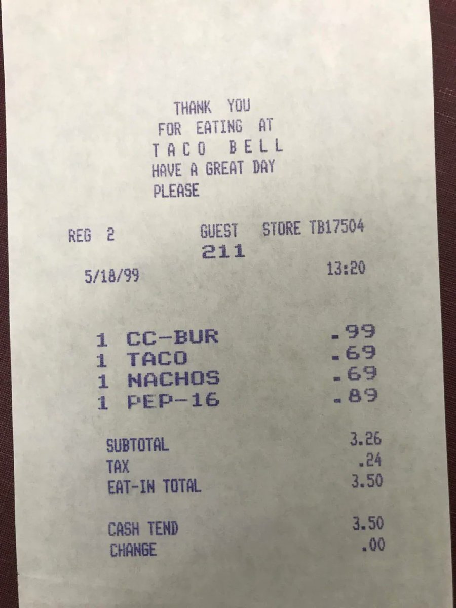UberFacts's tweet photo. A Taco Bell receipt from 1999 https://t.co/Wy2Sw6fAoO