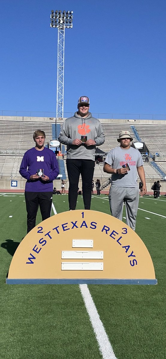 West Texas Relays: 1st place in shot put and discus.  Congrats Harris Sewell.  Proud of you!