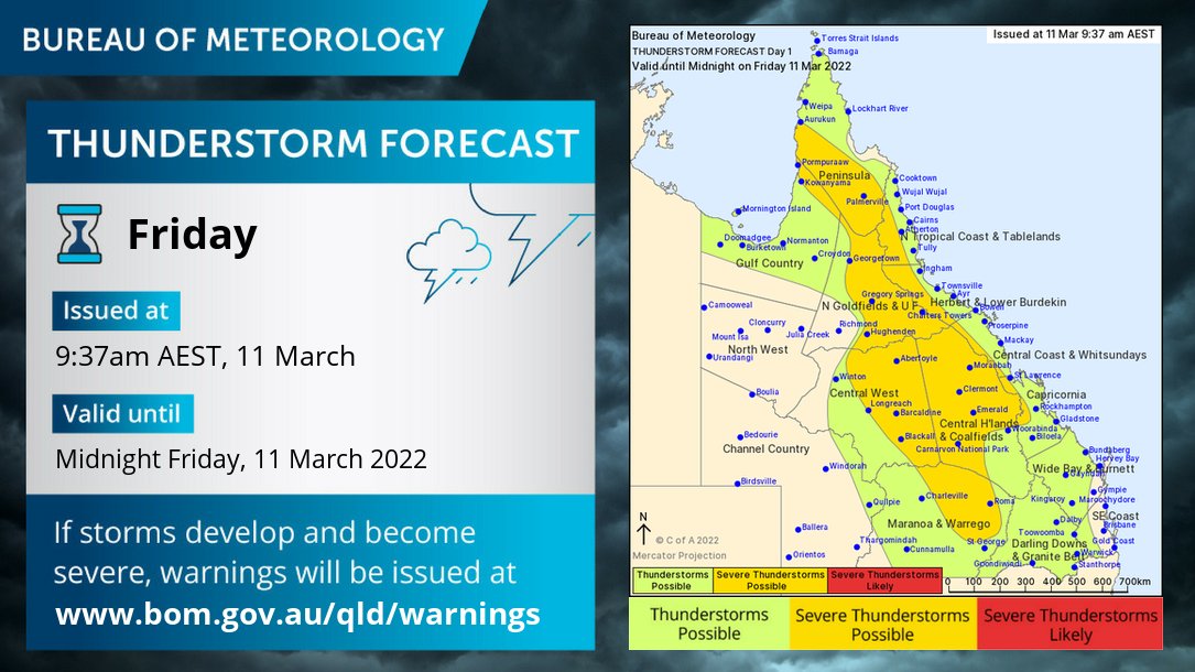 BOM_Qld's tweet photo. ⛈️Thunderstorm forecast for today: Severe thunderstorms with heavy rainfall and damaging winds are possible through northern and central #QLD and the southern interior today. Warnings if needed: https://t.co/FBmpsInT9o https://t.co/1ZY6JdQrAJ