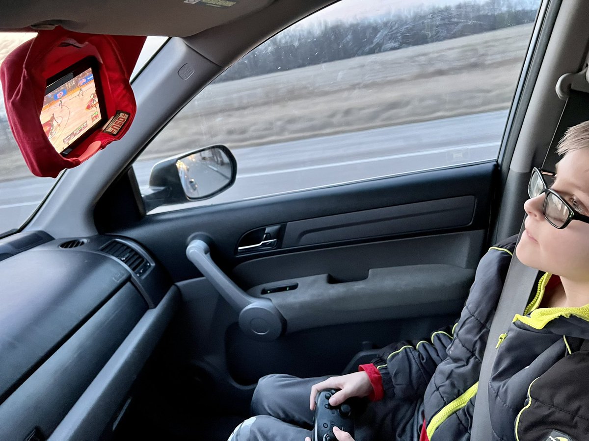 On our way to Indy to cheer on the Buckeyes and his neck started hurting from looking down at his Switch.  

MacGyver’d that situation up real good for my best bud! 

*follow me for more simple and fun DIY life hacks!