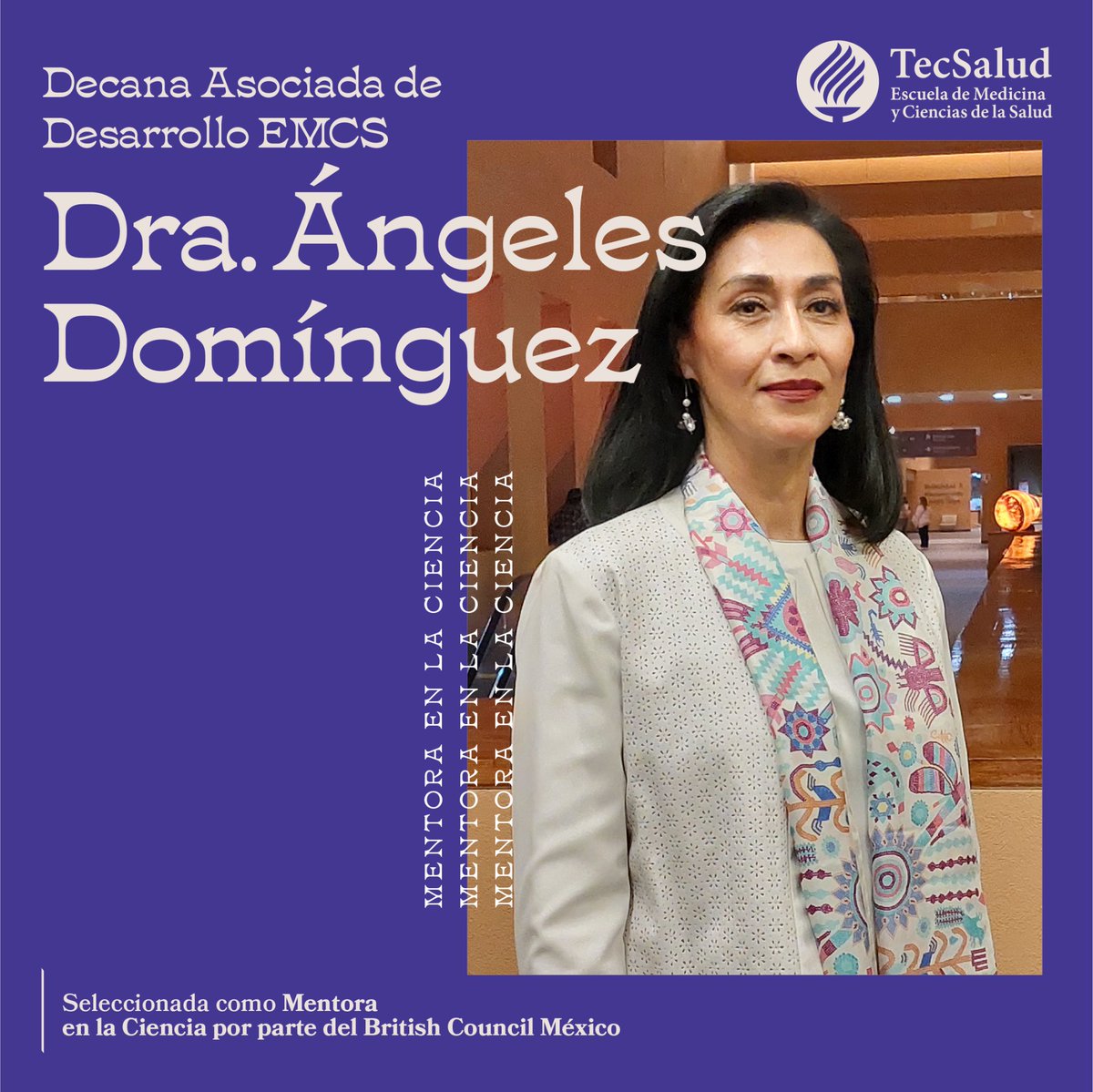 emcs_tecdemty's tweet photo. La Dra. Ángeles Domínguez Cuenca, Decana Asociada de Desarrollo de la Facultad de la #EMCS, fue seleccionada como Mentora en la Ciencia por parte del British Council México.
¡Felicidades a la Dra. Domínguez por formar parte de este programa! #OrgulloEMCS https://t.co/kleGUNzaPe