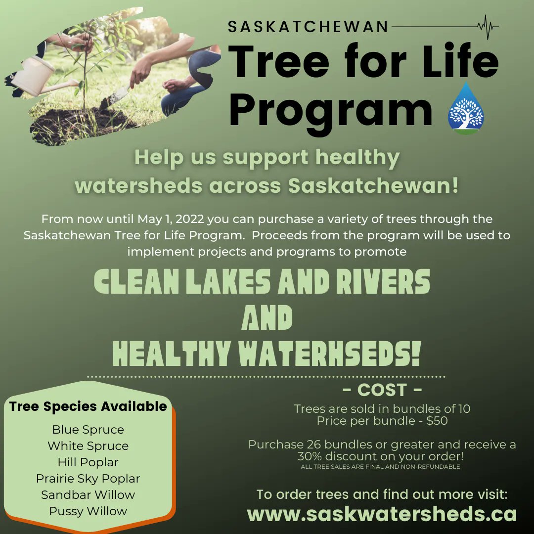 sk_program's tweet photo. It's year two of the #SKtreeforlife Program! This year, help support clean lakes and rivers in Saskatchewan by purchasing your trees! Visit https://t.co/gvg436RDDt for more information!
#healthytreeshealthywater #treesandwater #trees #healthywatersheds https://t.co/GK1v5riuZO